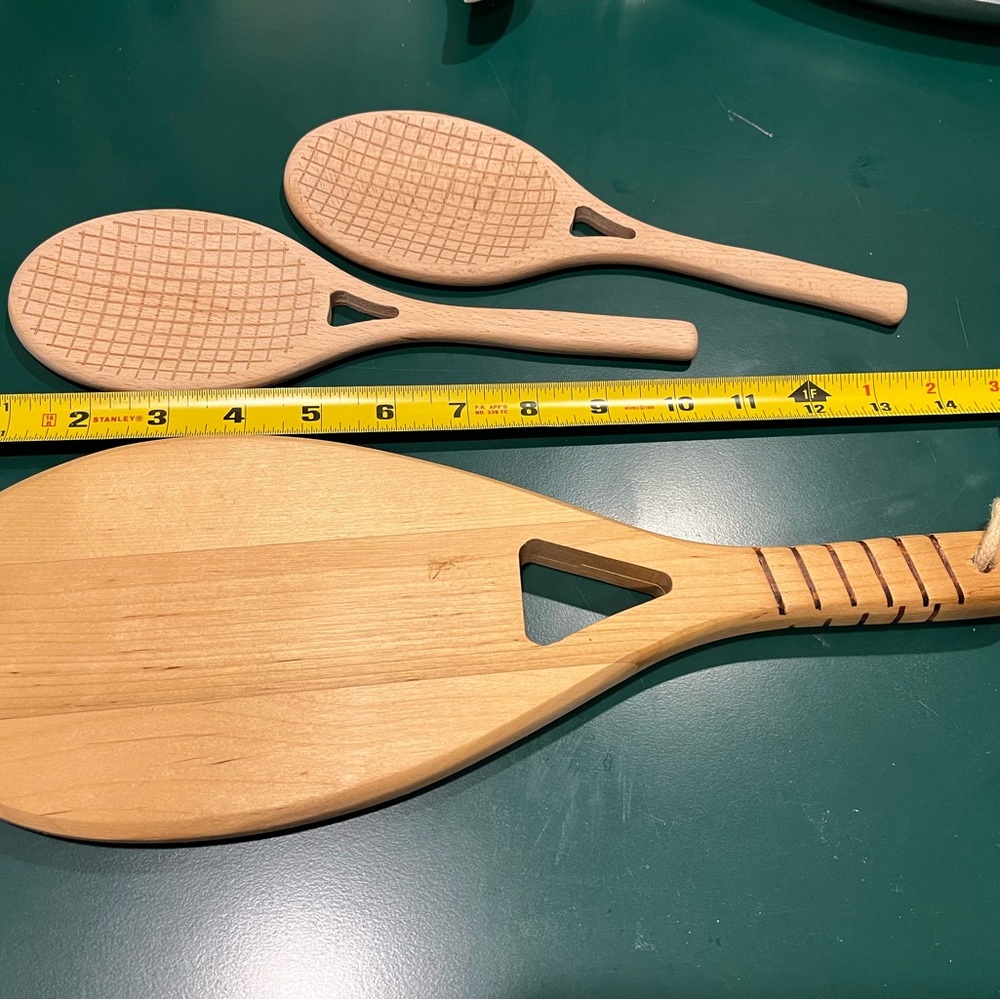 Wood tennis servers and cheese board
